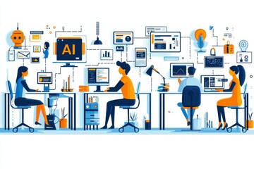 Team collaborating in a high-tech workplace surrounded by artificial intelligence