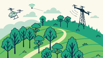 Two drones in a landscape with trees, a path, a tower and a wireless signal in the sky above the trees