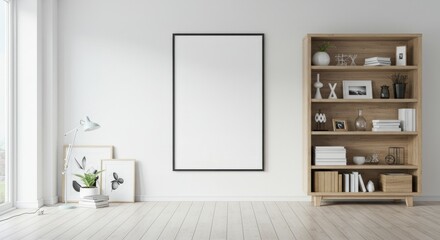 Modern Minimalist Living Room Poster Mockup - Clean lines, simple decor, empty poster space, wooden shelving, calm atmosphere.