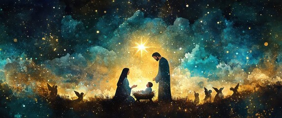 Beautiful watercolor illustration of a nativity scene under a starry night sky