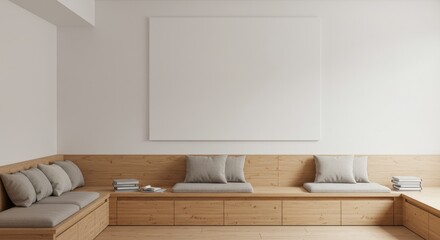 Modern Minimalist Wooden Bench Seating - Contemporary minimalist living room design featuring a built-in wooden bench with cushions and a large blank canvas above.