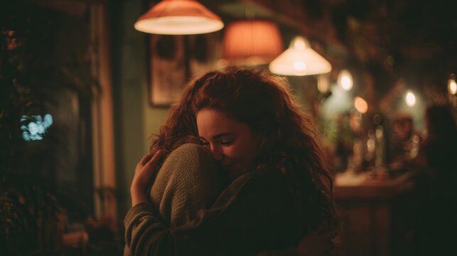 Close-up of two girls hugging indoors at night in cozy dimly lit bar.