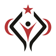 Stylized human figure with red star and crescent shapes on white background abstract achievement