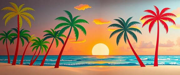 Obraz premium Vibrant paper cut palm trees, turquoise ocean, sandy beach, sunset sky, background, paper art
