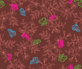 a brown background with butterflies and flowers