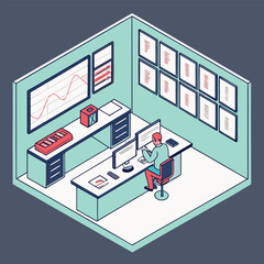 Isometric view of a person sitting at a desk with multiple monitors in an office environment setting