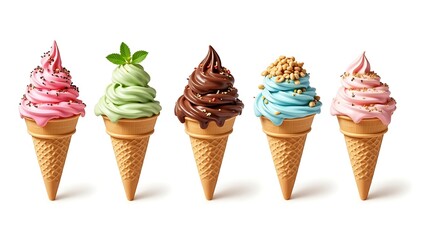 Colorful Ice Cream Cones with Toppings – Strawberry, Chocolate, Mint, and More on White Background