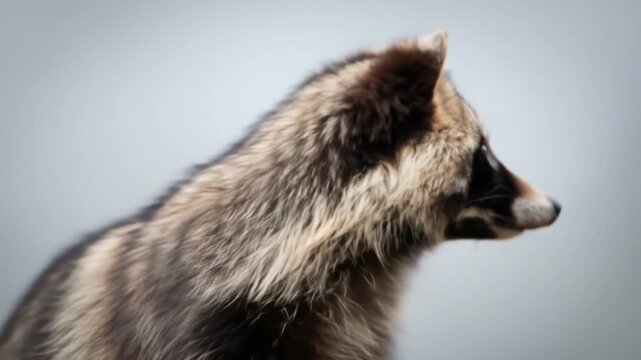 Close Up Portrait Of Tanuki With Brown Fur And Alert Eyes Against Grey Background