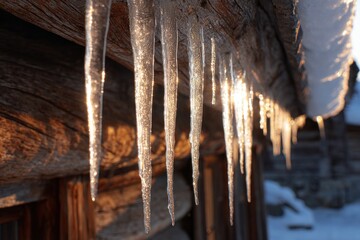 Icicles on rustic wooden beams, sunlight
