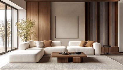 Modern Interior With L Shape Sofa,Wooden Wall Paneling, Rug and Wooden Coffee Table