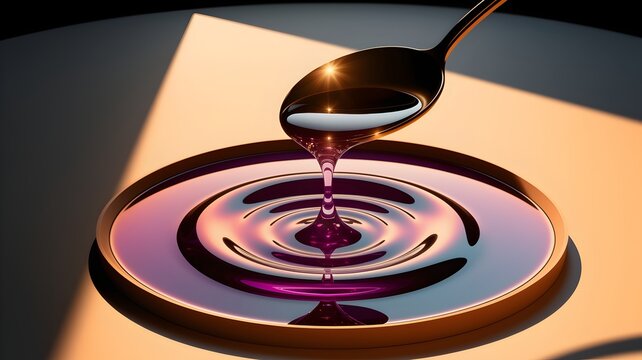 Liquid Flowing on Plate: A glistening spoonful of liquid, dripping gracefully into a plate creating concentric ripples, the soft light reflecting off the surface, a study of viscosity.