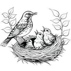 Fototapeta premium elegant bird with baby chicks in nest silhouette vector