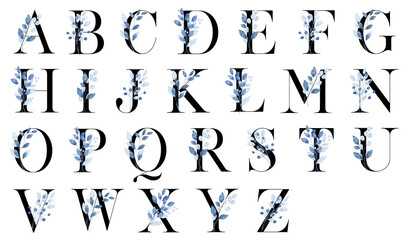 Letters set, floral alphabet with watercolor blue leaves. Monogram initials perfectly for wedding invitation, greeting card, logo, poster. Holiday decoration hand painting. © Larisa
