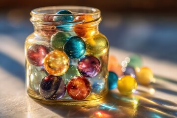Colorful glass marbles in a jar, sunlit
