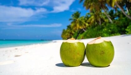 Two coconuts on a pristine beach