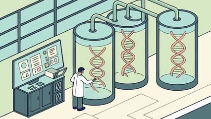 Scientist in lab examining dna strands in tanks next to control panel with monitor screen data