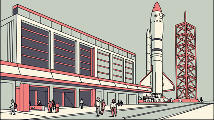 Illustration of a rocket and launch tower near a building with people on the street outside it