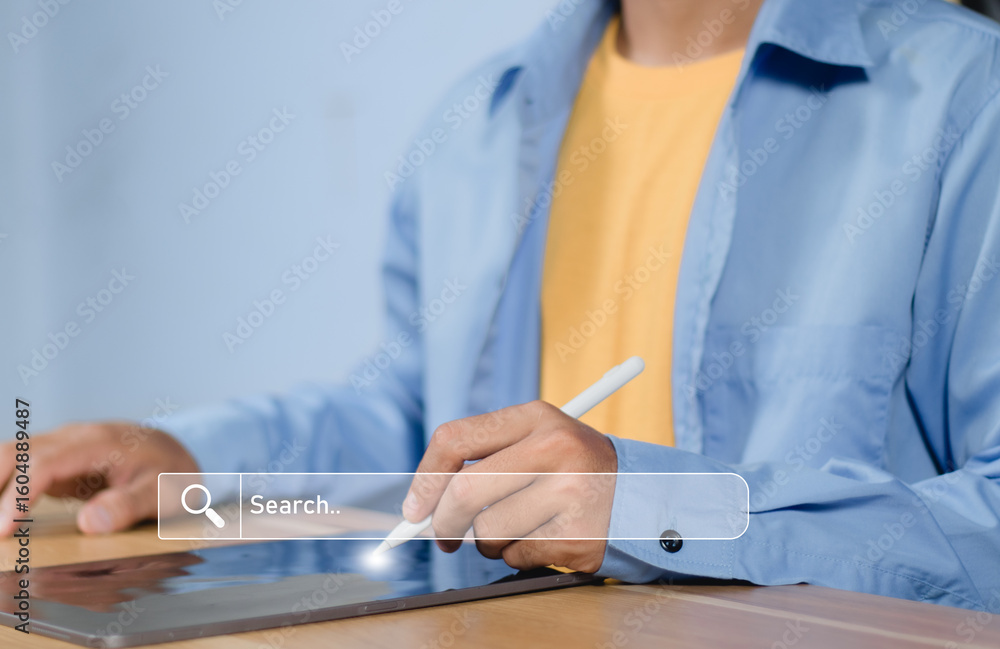Poster seo and internet search optimization, man typing on laptop keyboard for online information search, d
