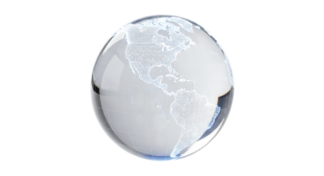 A transparent glass globe with world map isolated on transparent background