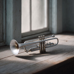 Obraz premium Vintage trumpet on wooden sill, bathed in soft light. Evokes nostalgia, jazz, and musical heritage. Perfect for art, culture, or inspirational projects.