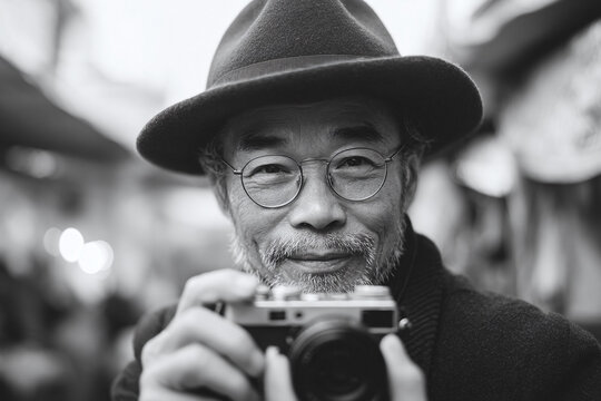 Fototapeta Elderly man in a hat and round glasses holding a camera, capturing moments. Black and white photo. Represents passion, experience, and timeless hobbies.