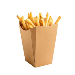 Crispy golden fries served in a brown paper container ready to be enjoyed at a casual dining setting