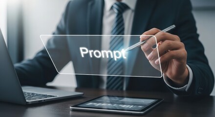 Businessman interacting with a digital prompt interface