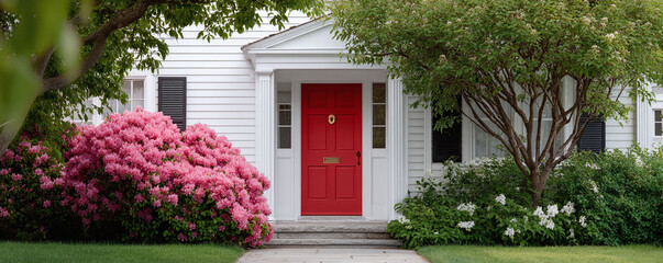 Obraz premium Inviting facade featuring a red front door, a charming white house, and vibrant pink blooms. Evokes feelings of home, welcome, and curb appeal.