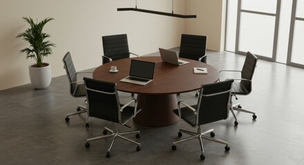 Modern Round Table Conference Room Design - Stylish office space featuring a modern round table with four chairs, symbolizing collaboration, efficiency, innovation, professionalism, and success