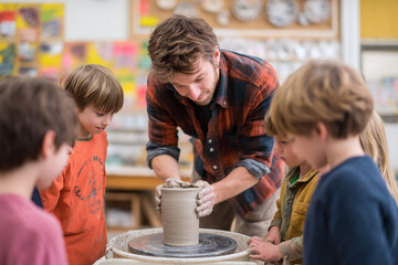 A skilled artist demonstrates pottery on a spinning wheel to a group of curious children. Learning, creativity, teamwork, and inspiration concept.