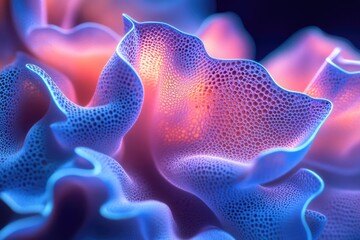 Abstract image of vibrant, bioluminescent, porous, wavy structures in pink and blue hues.