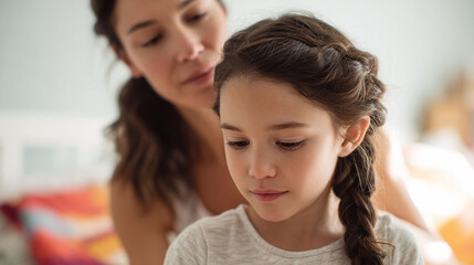 Tender moment of a mother braiding her daughters hair. Intimate, loving, and caring. Illustrates family bonds, childhood memories, and parental affection.