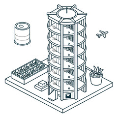 Isometric view of a vertical farm tower with plants, a can, a planter and a flying airplane in the sky