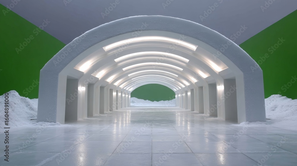 Poster minimalist ice pavilion with open archways and symmetrical design in a modern space