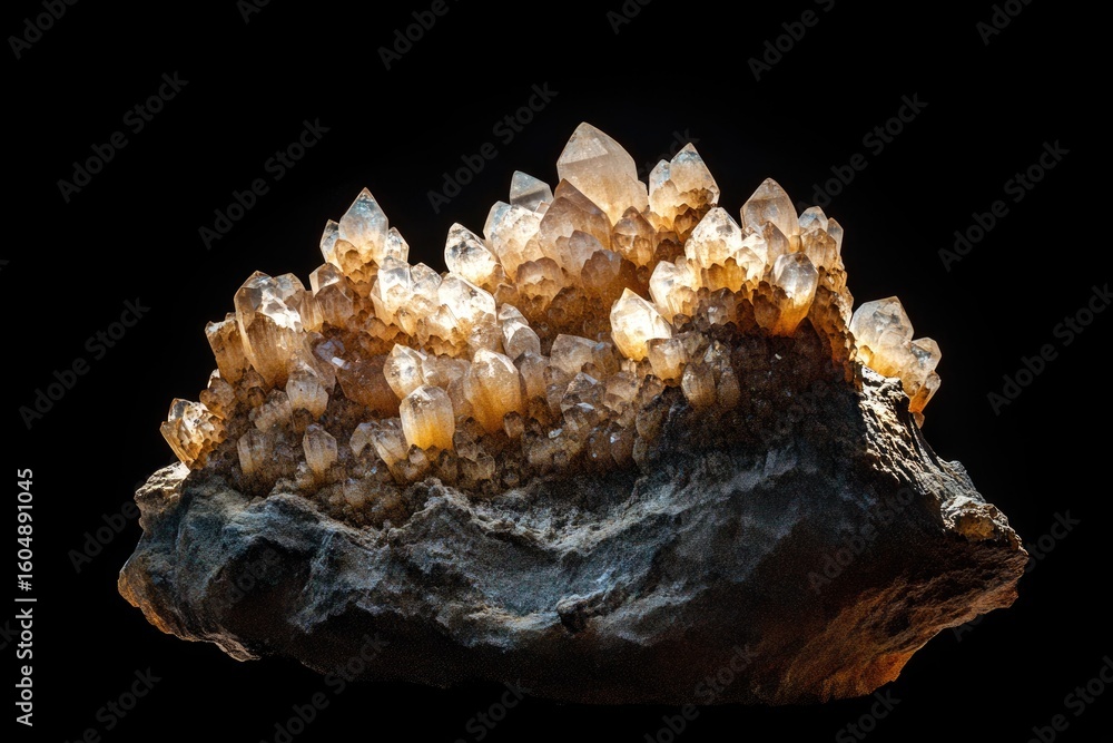 Poster a stunning cluster of smoky quartz crystals embedded in a rough rock matrix, illuminated against a d