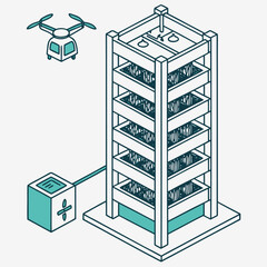 Isometric view of a vertical farm structure with a drone and a control box connected by a wire