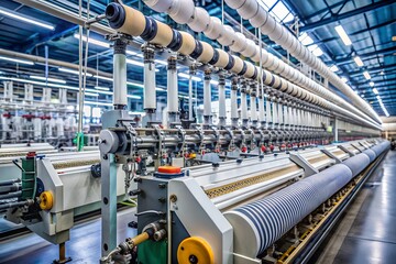 Automated textile machinery operates in a large industrial factory setting