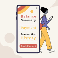 A woman uses a mobile app to check her balance summary payment history and make quick payments while on the go