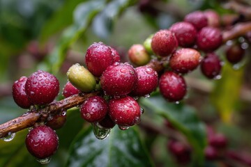 Coffee cherries covered in dew