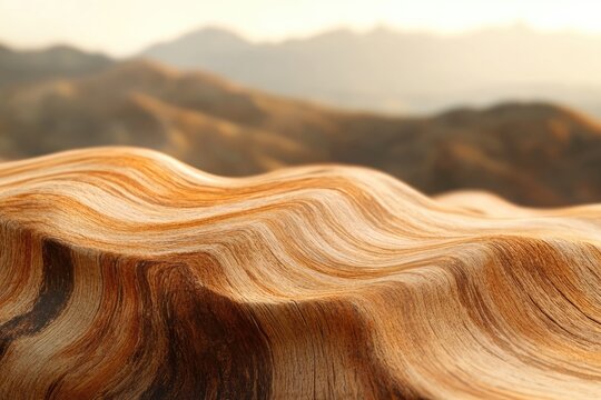Abstract wood texture resembling rolling hills against a blurred mountain backdrop.