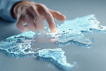A person touching a piece of ice on a table