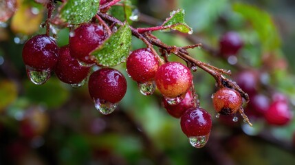 Close-up of wet, red berries on a branch