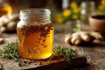Honey with thyme in glass jar