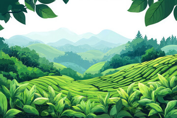 Lush green tea plantations blanket the rolling hills and mountains, creating a picturesque agricultural landscape under the summer sky in rural Asia