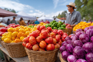 Vibrant produce at a farmers market. Baskets overflowing with colorful heirloom tomatoes, eggplants, and peppers. Fresh, local food concept. Healthy eating, agriculture.