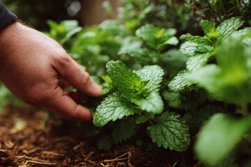 Hand touching fresh mint leaves in garden bed
