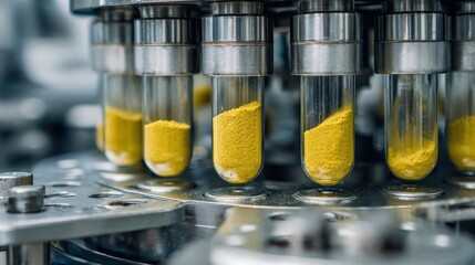 Yellow powder in test tubes, industrial machine