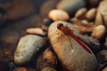 Red dragonfly rests on stones by water
