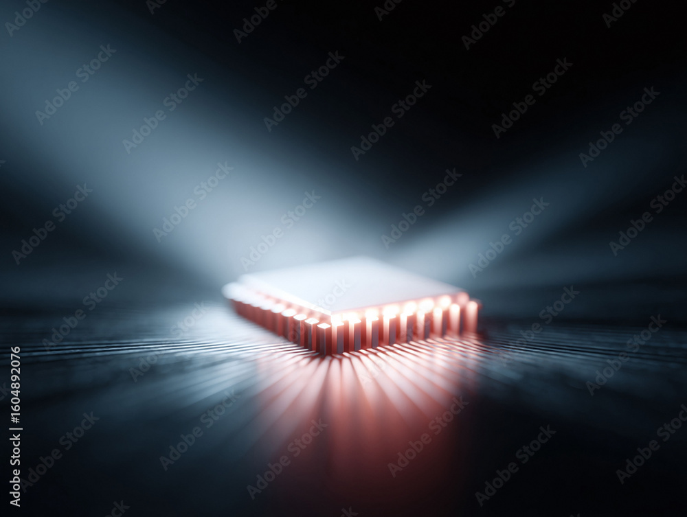 Poster a glowing computer chip on a circuit board, symbolizes technologys power and innovation. ideal for t