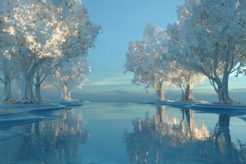 A pool with trees and a reflection of the water